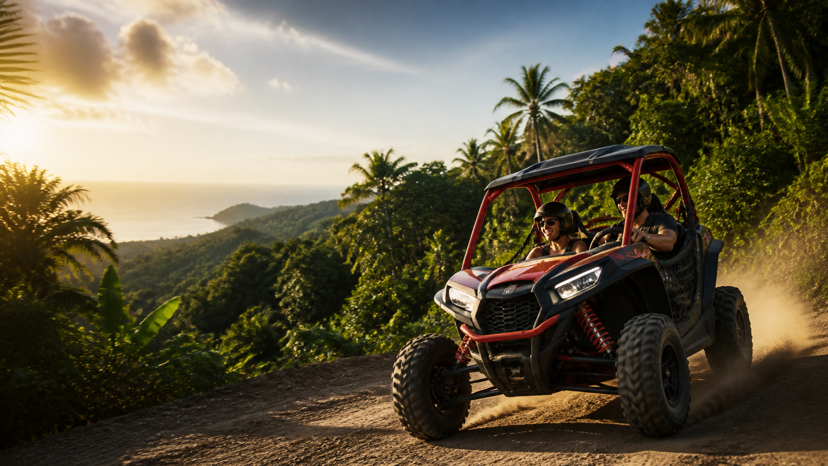 Two-seat off-road buggy on a Phuket trail at sunset